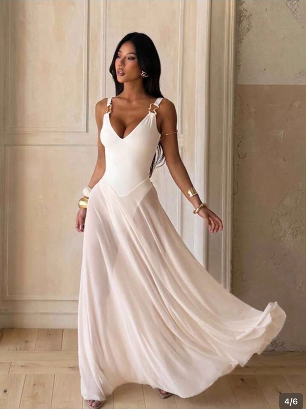 Elegant V-Neck Cream Maxi Dress with Gold Hardware